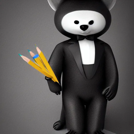 Prompt: marmot in a tuxedo while holding a pencil looks to the camera, digital art, 3 d rendered in octane, blender, maya, shadows, lighting, cute