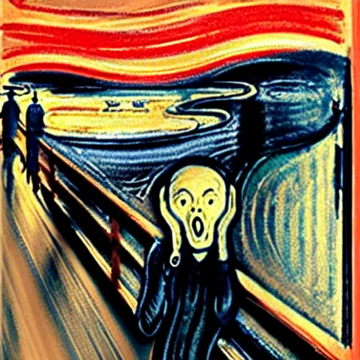 Image similar to the scream with a hat and raining on top of a hill