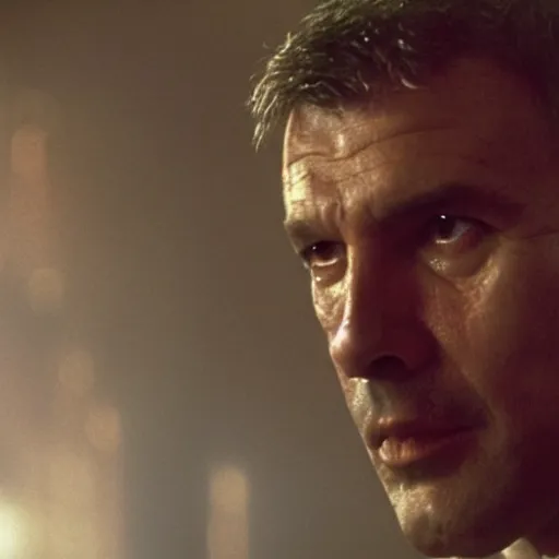 Image similar to film still blade runner with officer Deckard played by Viktor Orban