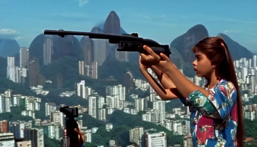 Image similar to 1 9 8 6 movie screencap of a girl with a gun on a rio de janeiro, gucci clothes, sparkes sky, beautiful favela background extremely utra high quality artwork 8 k