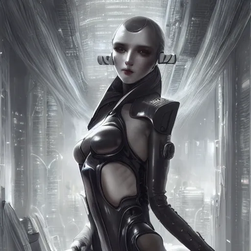 Image similar to By Tom Bagshaw, ultra realist soft painting of an attractive cyberpunk anime female fully bodysuit armored, with thin lustrous long hair floating, photorealistic eyes render, looking at camera, curiosities carnival, symmetry accurate features, very intricate details, focus, dark fantasy background, black and white, curvy