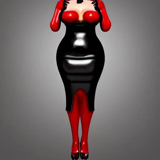 Image similar to curvy feminine hot goth woman with elegant red-black elegantly patterened latex dress, sequins, cgsociety, photorealistic, sublime ambience, 16k, smooth, sharp focus, trending on ArtStation, volumetric lighting, fully clothed, worksafe