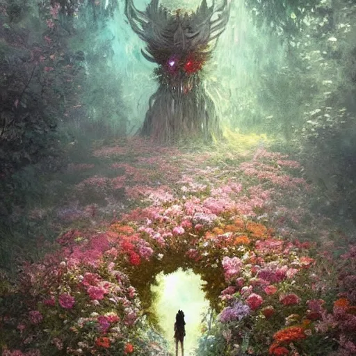 Image similar to a gigantic beautiful terrifying monster made of flowers looms over a tiny human. ethereal horror fantasy art by greg rutkowski and magali villanueve and monet