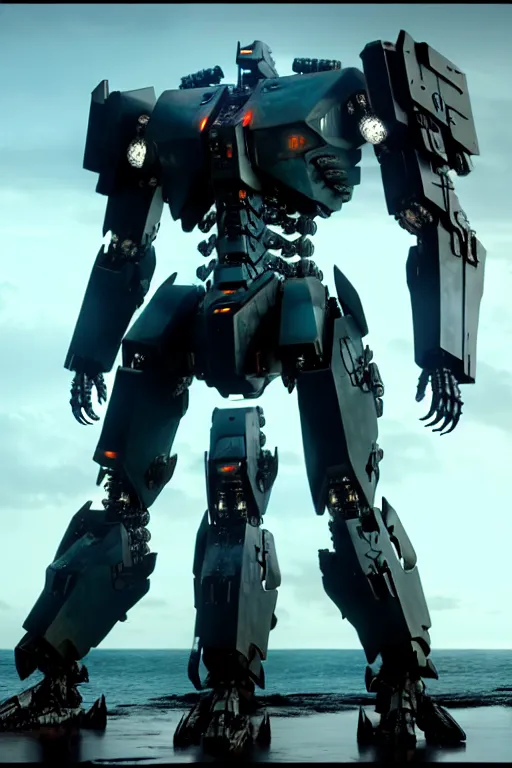 Prompt: a cinematic still from pacific rim and westworld, full body mech, armored core, intact humanoid servo, octane render, nvidia raytracing demo, masterpiece, aged armor plating, decipticon armor plating, aggressive head, endoekeleton exposure