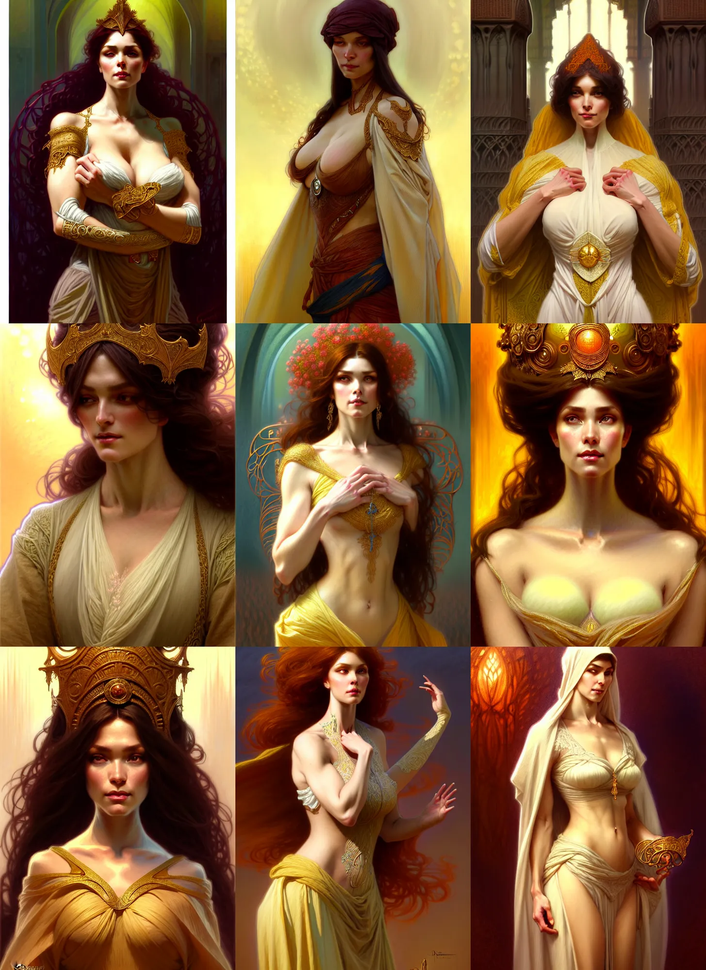 Image similar to character concept portrait of me as modest wife blessed by god to grow ever more intelligent beautiful voluminous muscular tall and virtuous. modestly clothed, intricate, elegant, highly detailed, digital painting, artstation, concept art, symmetry, smooth, sharp focus, illustration, art by gaston bussiere and alphone mucha