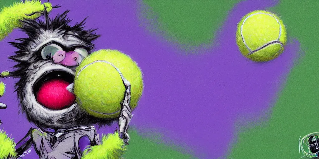 Image similar to tennis ball monster playing on a tennis court, tennis net, tennis stadium, purple, digital art, fantasy, magic, chalk, chalked, trending on artstation, ultra detailed, detailed, fine details, professional illustration by basil gogos