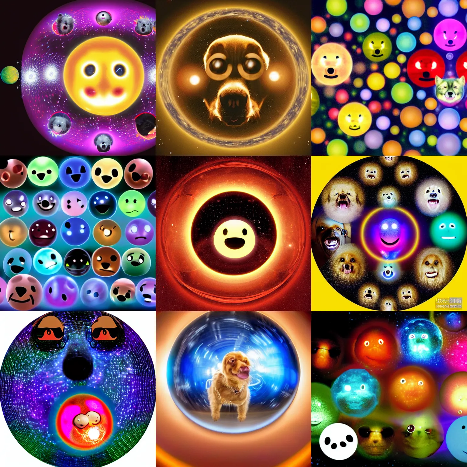 Prompt: inside a spherical atom, protons, electrons, neutrons, quarks glowing luminescent particles with happy dog faces floating inside