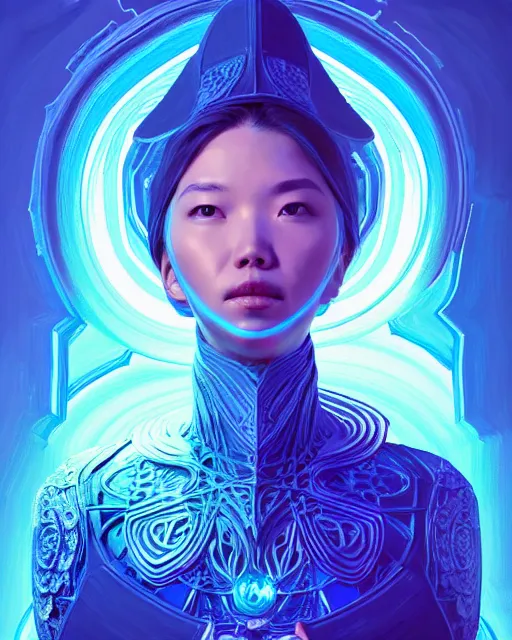 Image similar to perfectly - centered!! looking at the camera!!! full body portrait of the female blue mage, bright lighting, intricate abstract upper body intricate artwork, by tooth wu, wlop, beeple, dan mumford. concept art, hearthstone mastered art