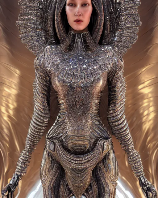 Image similar to a highly detailed metahuman 4 k close up render of an alien goddess bella hadid monument face accessories in iris van herpen dress schiaparelli in diamonds crystals swarovski and jewelry iridescent in style of alphonse mucha gustav klimt trending on artstation made in unreal engine 4