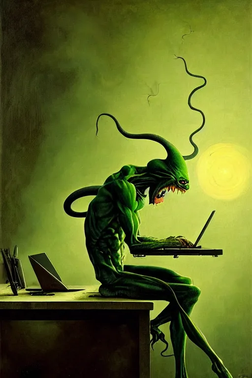 Image similar to hieronymus bosch, greg rutkowski, anna podedworna, painting of a green goblin screaming at a laptop