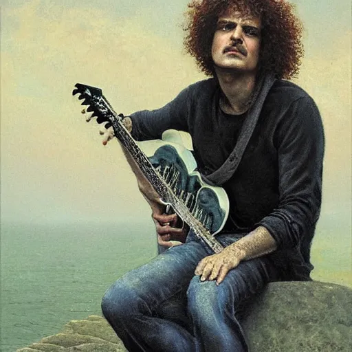 Prompt: pat metheny _ in _ the _ mist _ by _ gerald _ brom _ masterpiece _ portrait