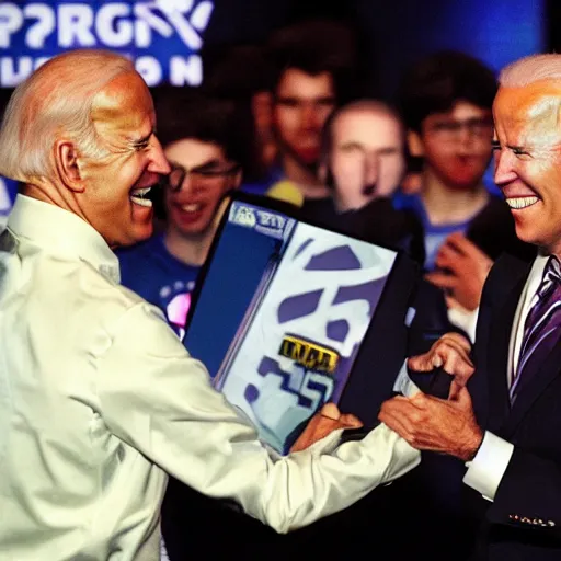 Image similar to Photograph of Joe Biden popping off on Hungryb0x after winning a game of Super Smash Bros. Melee at an international eSports tournament