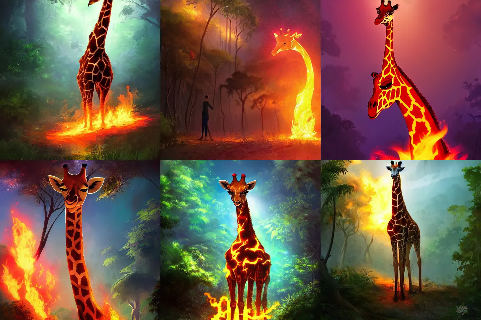 Prompt: a giraffe made of flames standing in front of a dark jungle, artwork by ross tran and makoto shinkai