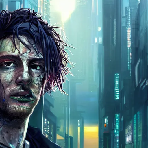 Image similar to cyberpunk, closeup portrait of a shaggy cyberpunk junkie in his 2 0 s, eye bags, three day stubble, ex junkie, dramatic light, city background, sunset, dystopian setting, high contrast, sharp, neuromancer, henry dorsett case, painted by stanley lau, painted by greg rutkowski, painted by stanley artgerm, digital art, trending on artstation