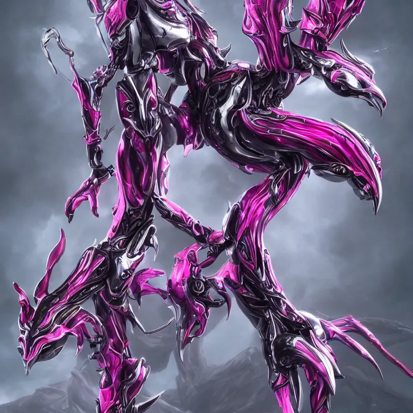 Image similar to highly detailed exquisite fanart, of a beautiful female warframe, but as an anthropomorphic elegant robot dragon, shiny white silver plated armor engraved, robot dragon head, Fuchsia skin beneath the armor, sharp claws, long tail, robot dragon hands and feet, two arms and legs, elegant pose, close-up shot, full body shot, epic cinematic shot, professional digital art, high end digital art, singular, realistic, DeviantArt, artstation, Furaffinity, 8k HD render, epic lighting, depth of field