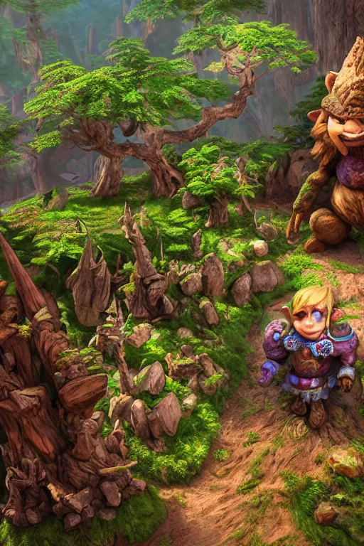 Image similar to zelda fantasy art giant golem troll wood rock greeble gemstone enchanted forest, global illumination ray tracing hdr fanart arstation by sung choi and eric pfeiffer and gabriel garza and casper konefal bastion forged hardmesh lisa frank zbrush central radiating a glowing aura global illumination ray tracing hdr