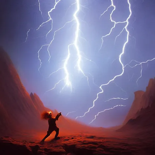 Image similar to UHD closeup of a clown playing electric guitar during a lightning storm on Mars, by Antonio Caparo and Ferdinand Knab and Greg Rutkowski, UHD, photorealistic, trending on artstation, trending on deviantart