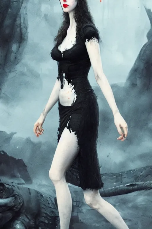 Image similar to pale woman!, covered with blood, alexandra daddario face!!, black dress made of black bones, long red hair, blue eyes, ultra realistic, concept art, intricate details, highly detailed, photorealistic, octane render, 8 k, unreal engine. retro film still, heavy grain, 3 5 mm, art by artgerm and greg rutkowski and alphonse mucha
