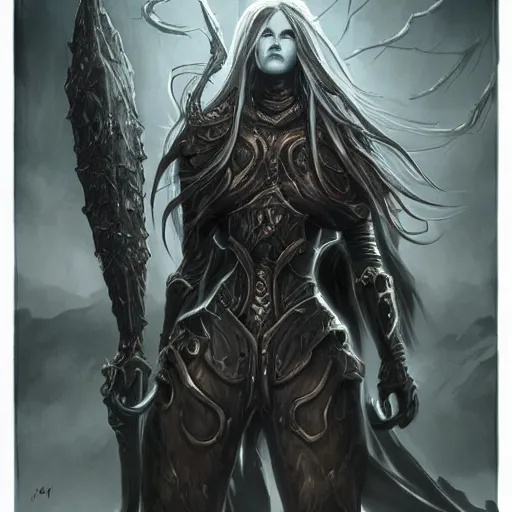 Image similar to elden ring art style, ironclad woman