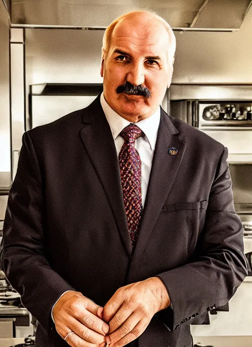 Prompt: digital portrait of a cooking chief looking like alexander lukashenko, photo realism