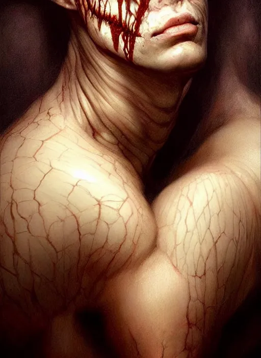 Image similar to half demon half human intricate skin pattern texture, elegant, peaceful, full body, white horns, hyper realistic, extremely detailed, dnd character art portrait, fantasy art, intricate fantasy painting, dramatic lighting, vivid colors, deviant art, artstation, by edgar maxence and caravaggio and michael whelan and delacroix.