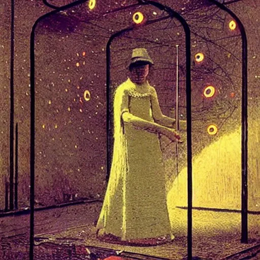 Image similar to A kinetic sculpture. A rip in spacetime. Did this device in her hand open a portal to another dimension or reality?! Hadean by John Atkinson Grimshaw riotous