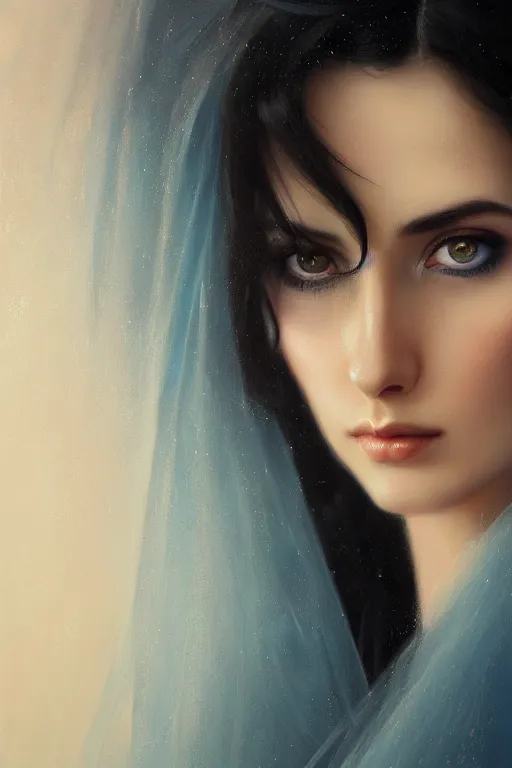 Prompt: Ameera al-Taweel, bright blue eyes, long wavy black hair, white veil, closeup, focus face, elegant, highly detailed, centered, oil painting, artstation, concept art by tom bagshaw