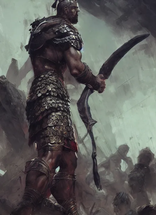 Image similar to ancient historically accurate depiction of the Bible Character Goliath of Gath, the Philistine warrior giant in ancient persian chainmail armor, dramatic lighting art by Yoji Shinkawa by Richard Schmid by greg rutkowski by Sandra Chevrier by Jeremy Lipking cinematic dramatic