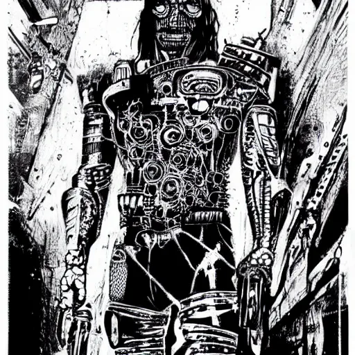 Prompt: danny trejo as a cyberpunk executioner, hyperdetailed, art by philippe druillet