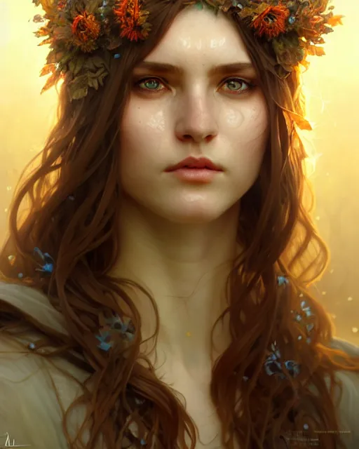 Prompt: beautiful female druid, portrait, fantasy, young, correct eyes proportion, hyperealistic eyes, detailed, intricate, leaves and simple cloth, global lighting, digital art, digital painting, oil art, artstation, wlop, illustration, art by artgerm and greg rutkowski and alphonse mucha, 8 k