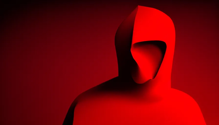 Image similar to enigmatic figure wrapped in red sheet in darkness, high contrast, hard light, digital art, rendering, cloth simulation, redshift