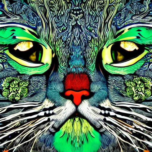 Image similar to colourful green man as a cat face by louis wain and william morris, extreme closeup, 8 k, artstation