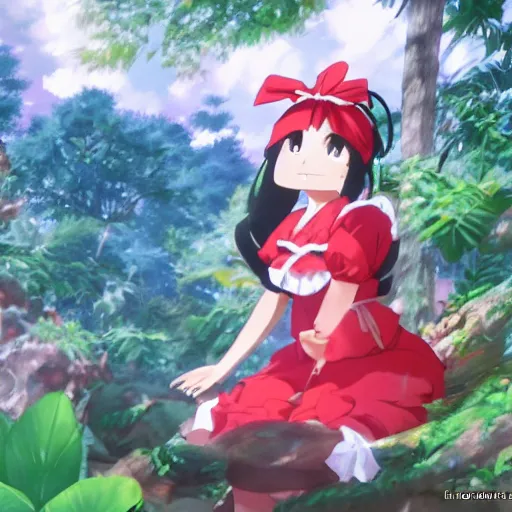 Prompt: a sakuga of reimu in the jungle wearing bonnet