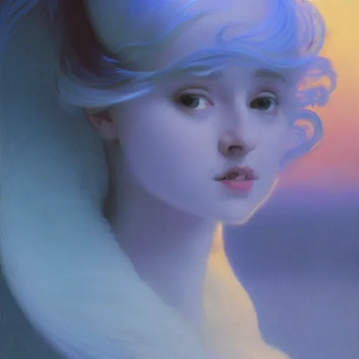 Image similar to a young woman's face, her hair is white and she wears a cobalt blue satin cloak, by ivan aivazovsky and syd mead and moebius and gaston bussiere and roger dean and pieter claesz and paul delaroche and alma tadema and aelbert cuyp and willem claesz, hyperrealistic, volumetric light, octane render