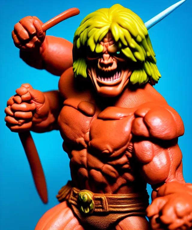 Image similar to hyperrealistic rendering, he - man by art of skinner and richard corben and jeff easley, product photography, action figure, sofubi, studio lighting, colored gels