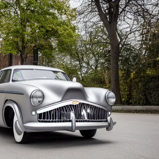 Prompt: Photoshoot of 1950s car designed by H R Giger, XF IQ4, f/1.4, ISO 200, 1/160s, 8K, RAW, unedited, symmetrical balance, in-frame