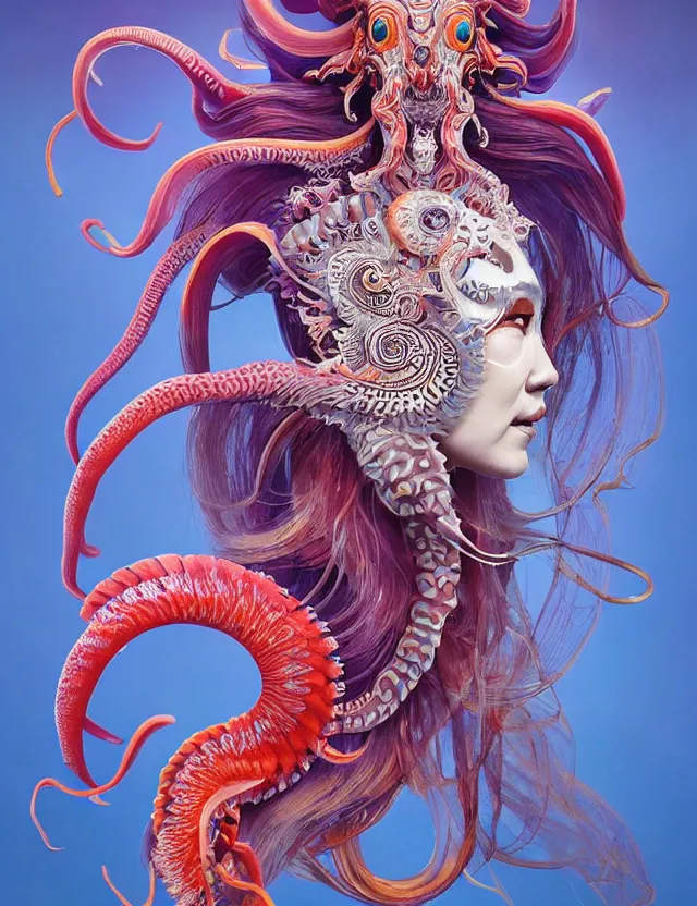 Prompt: 3 d goddess squid half - turn portrait with long hair with ram skull. beautiful intricately detailed japanese crow kitsune mask and clasical japanese kimono. betta fish, jellyfish phoenix, bio luminescent, plasma, ice, water, wind, creature, artwork by tooth wu and wlop and beeple and greg rutkowski