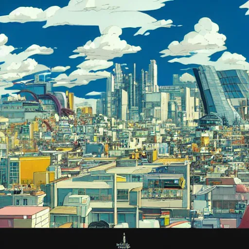 Image similar to futuristic city on a mountainside, red - yellow - blue buildings, city, city on mountainside, clouds around buildings, cel - shaded, raytracing, cel - shading, toon - shading, 2 0 0 1 anime, flcl, jet set radio future, drawn by artgerm