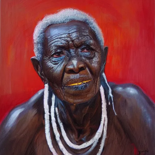 Image similar to a painting of a wise elder from Kenya by Lynette Yiadom-Boakye . dramatic angle, ethereal lights, details, smooth, sharp focus, illustration, realistic, cinematic, artstation, award winning, rgb , unreal engine, octane render, cinematic light, macro, depth of field, blur, red light and clouds from the back, highly detailed epic cinematic concept art CG render made in Maya, Blender and Photoshop, octane render, excellent composition, dynamic dramatic cinematic lighting, aesthetic, very inspirational, arthouse.