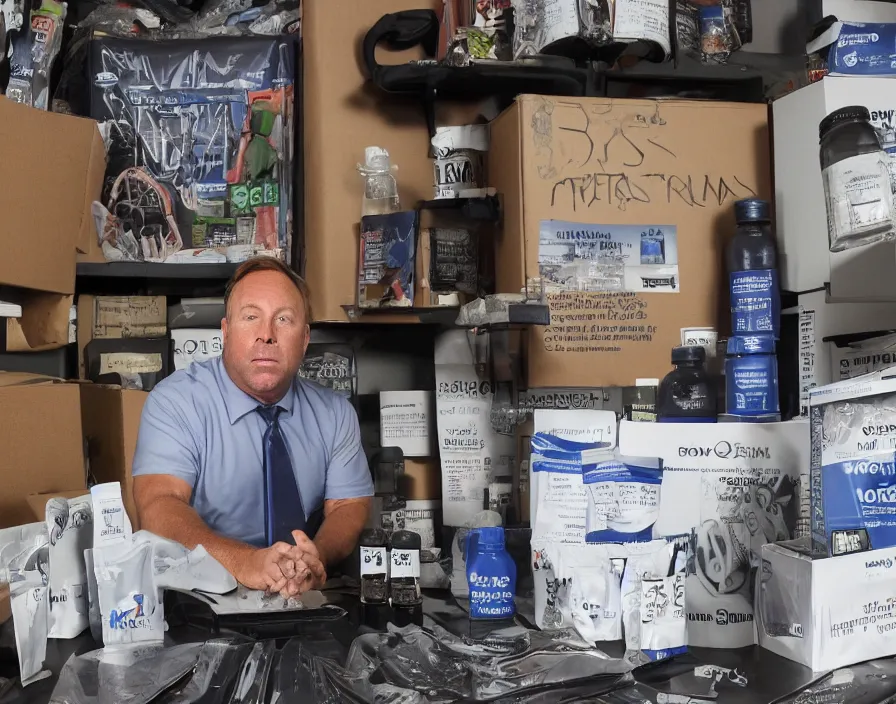 Image similar to Alex Jones inventing new conspiracy theories in his garage office, surrounded by boxes of herbal supplements and trash, sweaty skin, detailed photograph high quality