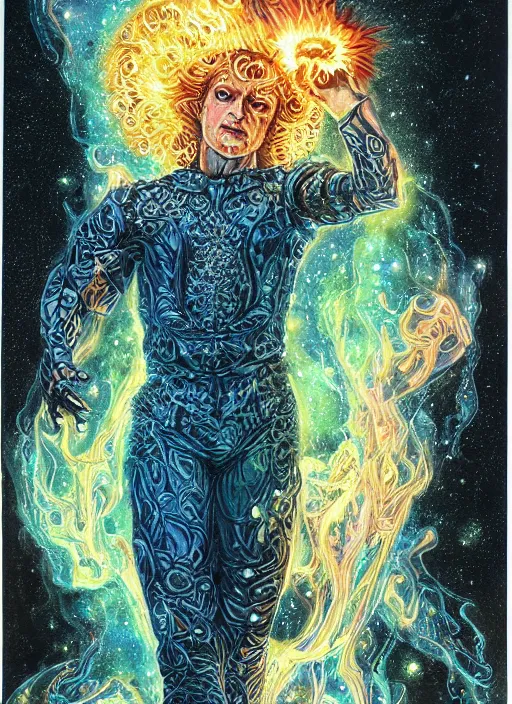 Prompt: high intricate colored ink drawing of the sandman holding a glimmering fire - galaxy, full shot, neil gaiman, maria panfilova, andrea savchenko, mike kime, ludovic plouffe, qi sheng luo, oliver cook, julian calle, eddie mendoza, trending on artstation