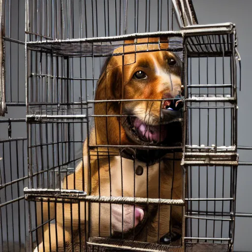 Prompt: dog giving food to a caged human, an ultra high definition professional studio quality photograph, 4 k, trending on artstation.