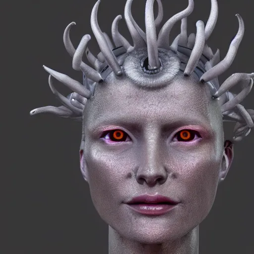 Image similar to portrait photo of a robotic gorgon medusa with borg implants, highly detailed, unreal 5 nanite, path tracing illumination, cinematic quality, 8k