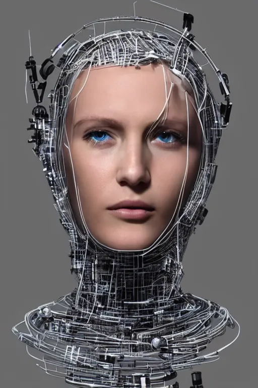 Image similar to robot with human face, female head, full body angle, woman human face, human face realistic, beautiful blonde hair, human head, human head with blonde hair, blonde hair human head, blonde hair, human realistic face, human head skin, cyborg frame concept, cyborg by ales-kotnik, sci-fi android female, the body is made of wires, robotic body, cyborg body, cyborg bust body, robot body cyborg, full body