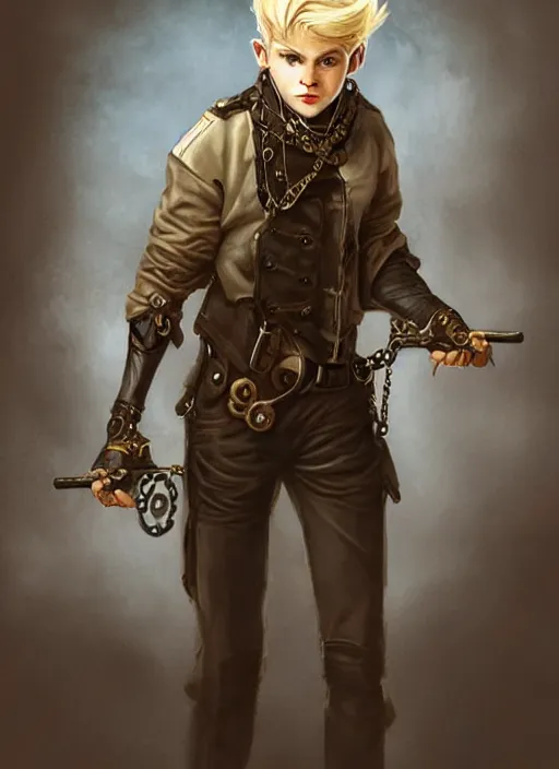 Prompt: a blonde boy thief with a steampunk armband in the style of eve ventrue