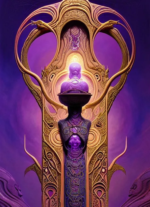 Image similar to ornate alien sacred sarcophagus, art nouveau hieroglyphics, lavender and gold palette, symmetry, fantasy, intricate, elegant, highly detailed, colorful, dark colors, dramatic shadow, digital painting, artstation, concept art, art by artgerm and greg rutkowski and ruan jia, h. r. giger