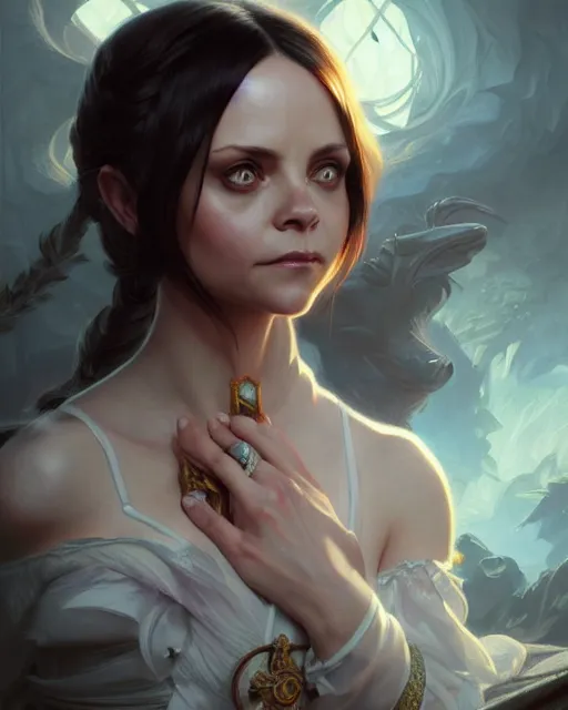 Prompt: Christina Ricci, D&D, fantasy, intricate, elegant, highly detailed, digital painting, artstation, concept art, matte, sharp focus, illustration, hearthstone, art by Artgerm and Greg Rutkowski and Alphonse Mucha