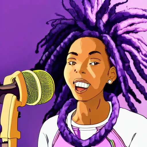 Image similar to black woman with purple dreads with a microphone in space in the style of ghibli