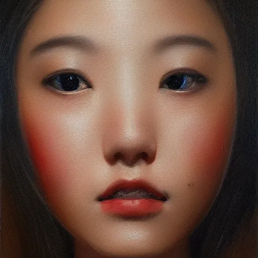 Image similar to perfect, realistic oil painting of close-up japanese girl face, by Sakimichan, by an American professional senior artist, Hollywood concept, dynamic composition and motion, postproduction.