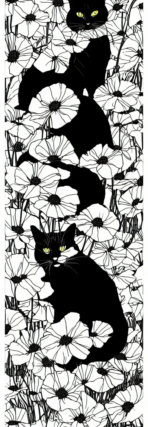 Prompt: black and white minimalist risograph poster of a tabby cat sitting in california poppies